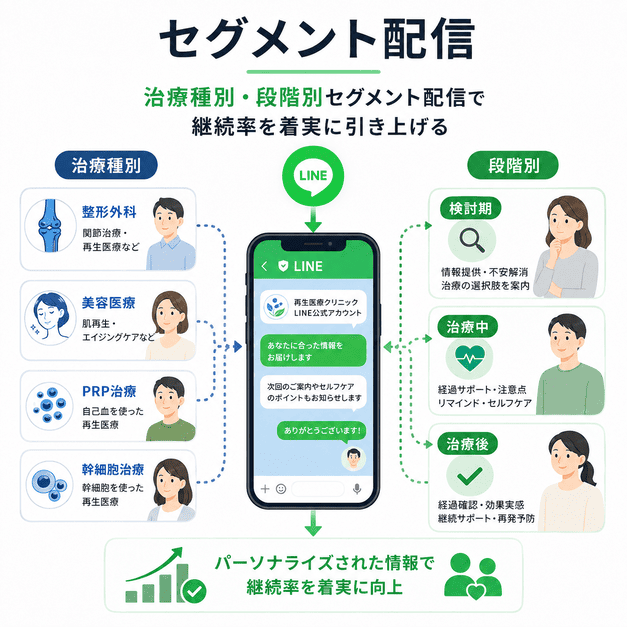 治療種別や治療段階ごとにLINE配信を出し分け、患者ごとに最適な情報提供を行う仕組みを示したイラスト