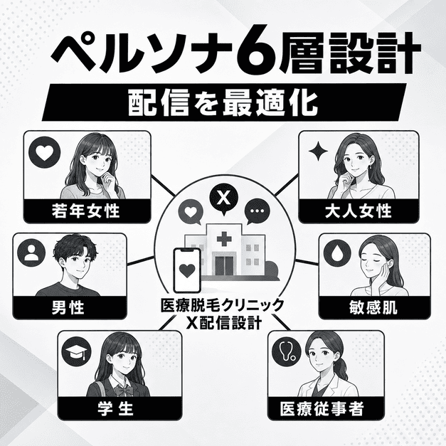 医療脱毛クリニックのX配信で若年女性、男性、敏感肌、学生、医療従事者などのペルソナを分けて設計するイラスト