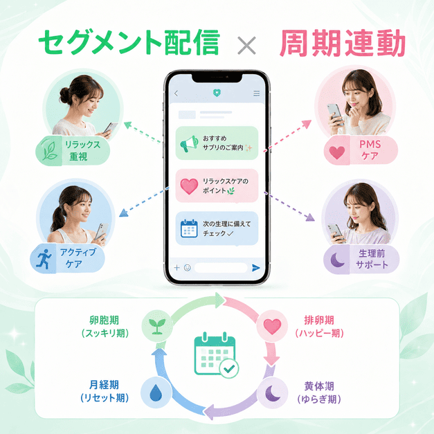 セグメント配信と月経周期連動により患者ごとに適切なLINE配信を届けるイラスト