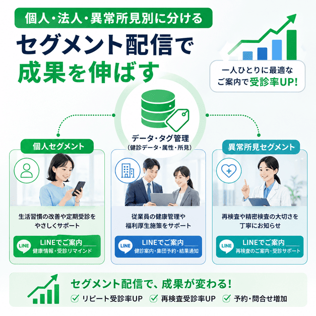 個人・法人・異常所見者に分けたLINEセグメント配信で受診率向上を目指すイメージ