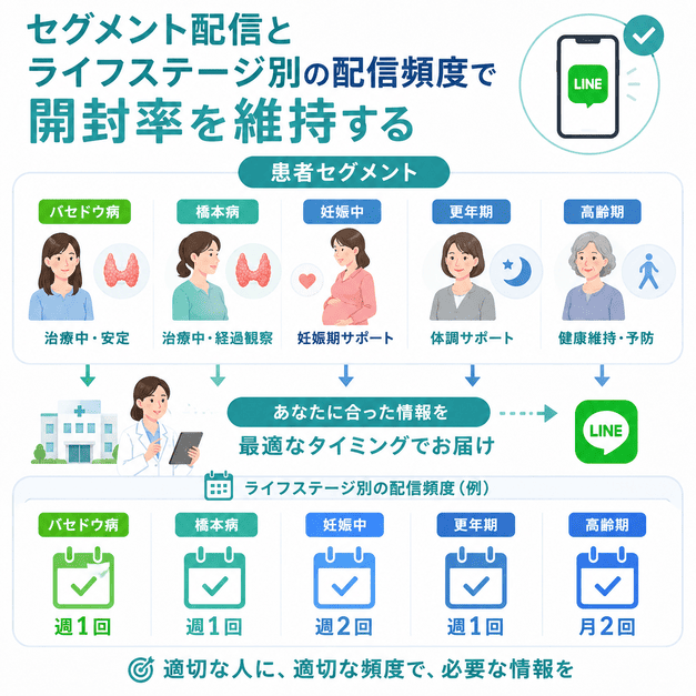 疾患やライフステージに合わせてLINE配信内容と頻度を調整し、開封率を維持するイメージ
