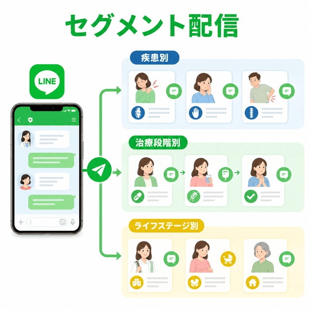 疾患別、治療段階別、ライフステージ別に患者へLINE配信を届け分けるイメージ