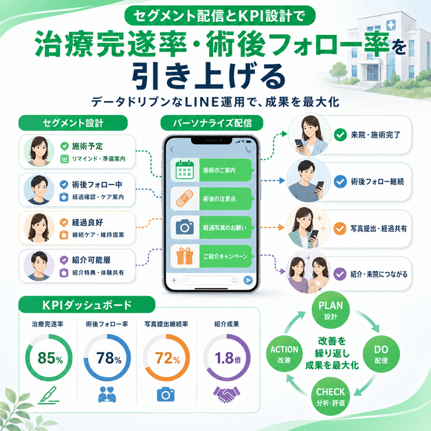 患者セグメントごとのLINE配信とKPIダッシュボードで治療完遂率や術後フォロー率を改善するイラスト