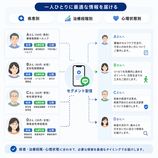 疾患別・治療段階別・心理状態別に患者へ最適なLINE配信を届ける仕組み
