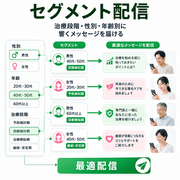性別・年齢・治療段階ごとに患者へ最適なLINEメッセージを配信するセグメント設計を示したイラスト