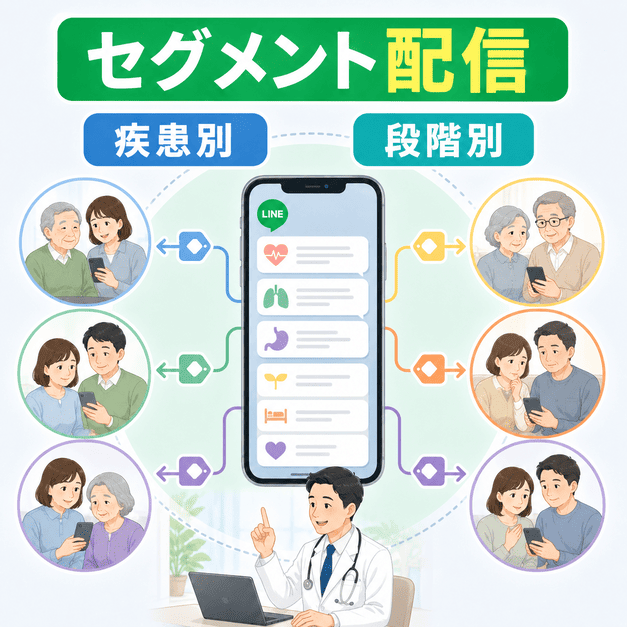 疾患別・終末期段階別に家族へLINE配信を出し分けるセグメント配信のイメージ