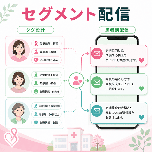 治療段階・年齢・心理状態に合わせて患者別にLINEメッセージを届けるセグメント配信のイラスト