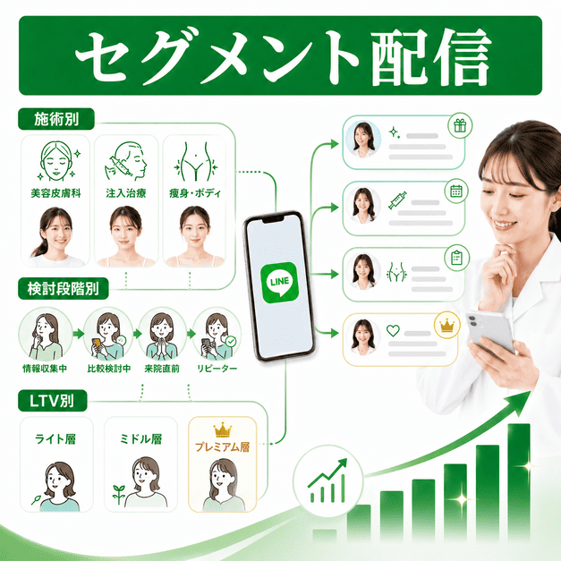 施術別・検討段階別・LTV別に患者を分類し、LINE配信を出し分けて成果向上を図るイメージ