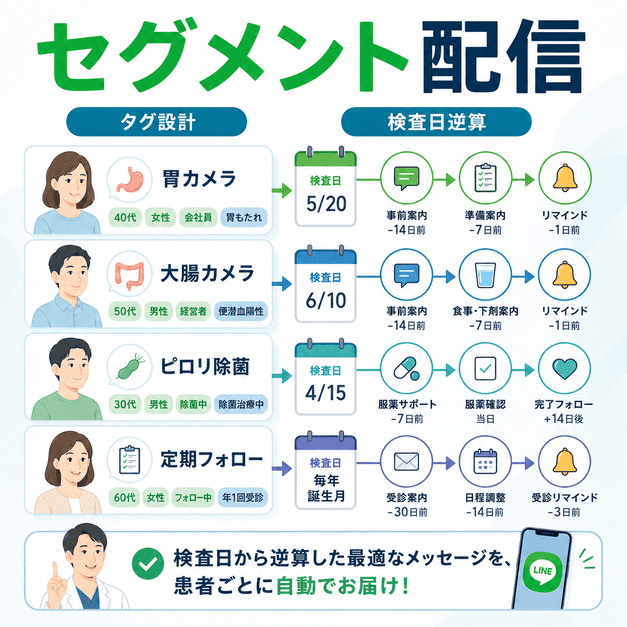 検査種別や治療段階、検診サイクルに応じてLINE配信を出し分けるセグメント設計を示したイラスト