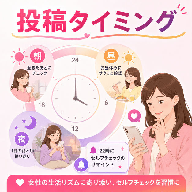朝昼夜の生活リズムに合わせてセルフチェックの投稿タイミングを設計するイメージ