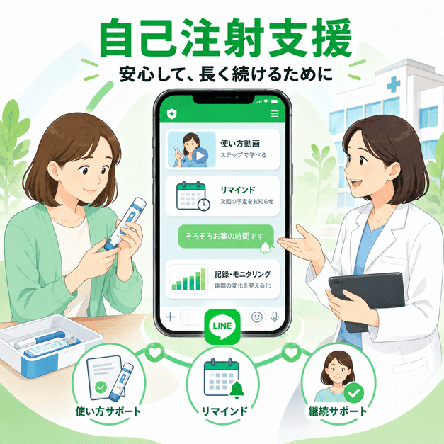 生物学的製剤の自己注射をLINEの動画、リマインド、記録機能で支援するイメージ