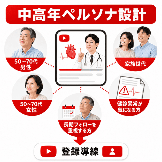 50代から70代の男女や家族世代、健診異常が気になる人など、循環器内科YouTubeの中高年ペルソナ設計を示したイラスト