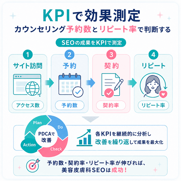 美容皮膚科SEOの成果を予約数、契約率、リピート率などのKPIで測定し改善する流れを示した図