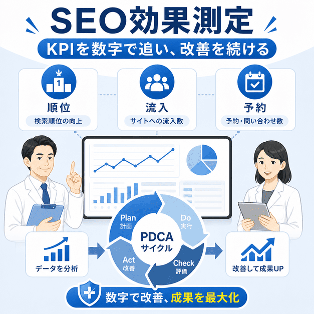 検索順位・流入・予約数などのKPIを測定しPDCAでSEO効果を改善する流れを示した図