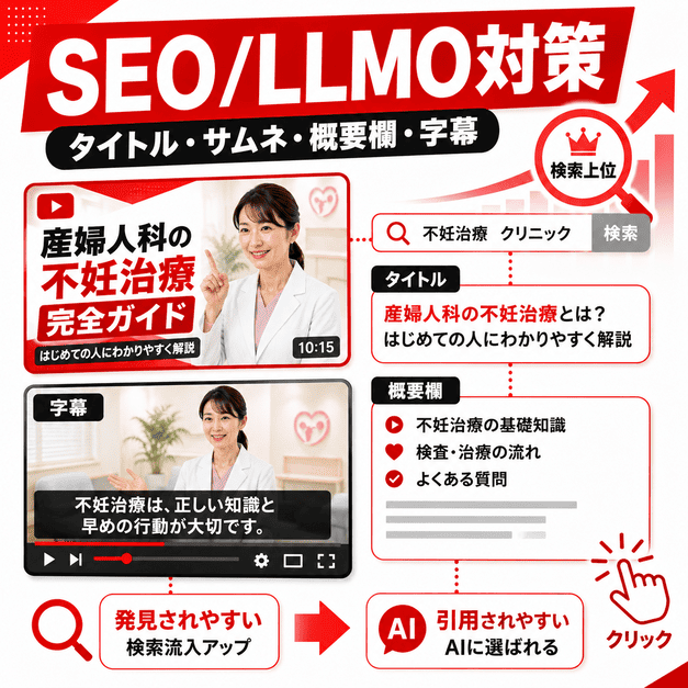 動画タイトル、サムネイル、概要欄、字幕を整えてSEOとLLMO対策を行うイラスト