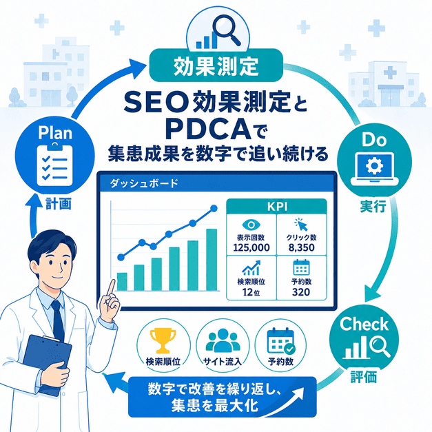 検索順位・流入数・予約数などのKPIを測定し、PDCAでSEO集患成果を改善する流れを示した図解