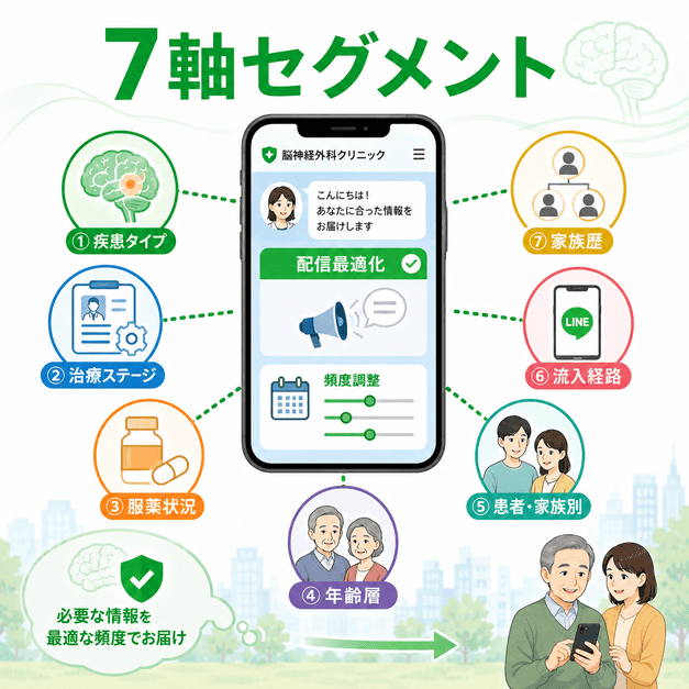 疾患タイプ、治療ステージ、服薬状況、年齢層、患者・家族別、流入経路、家族歴の7軸でLINE配信を最適化するイラスト