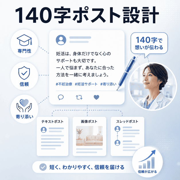 140字ポストで専門性、信頼、寄り添いを伝える投稿設計を表したイラスト
