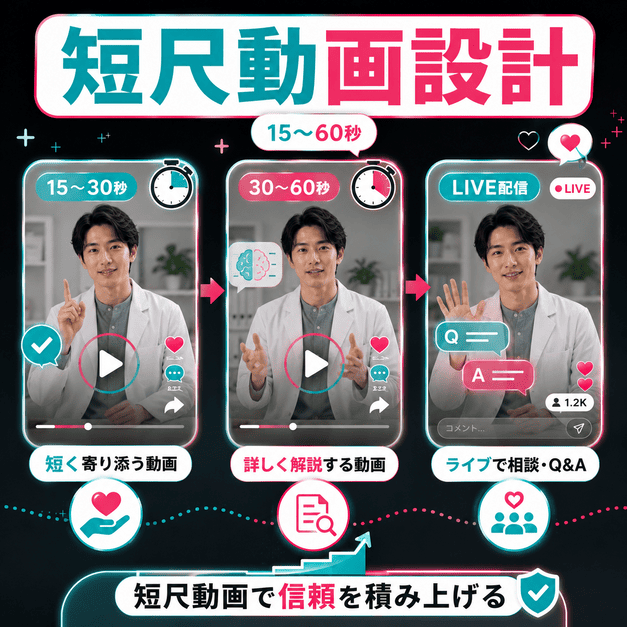 心療内科医が15秒から60秒の短尺動画やライブ配信で信頼を積み上げるイメージ