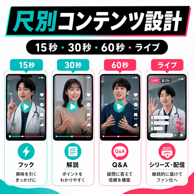 15秒・30秒・60秒・ライブ配信を目的別に使い分けるTikTokコンテンツ設計を示したイラスト