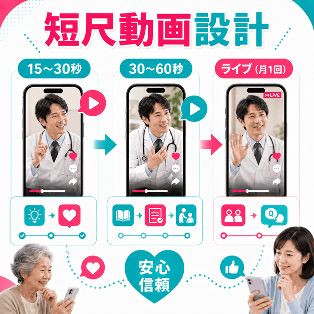 15秒から60秒の短尺動画やライブ配信で介護家族に情報を届ける設計を表したイラスト