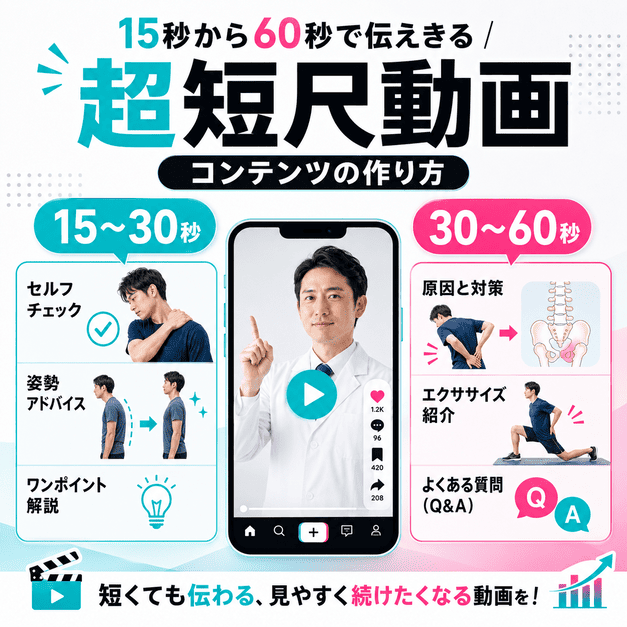 15秒から60秒の短尺動画でセルフチェックや姿勢アドバイスを伝える整形外科コンテンツ制作のイラスト