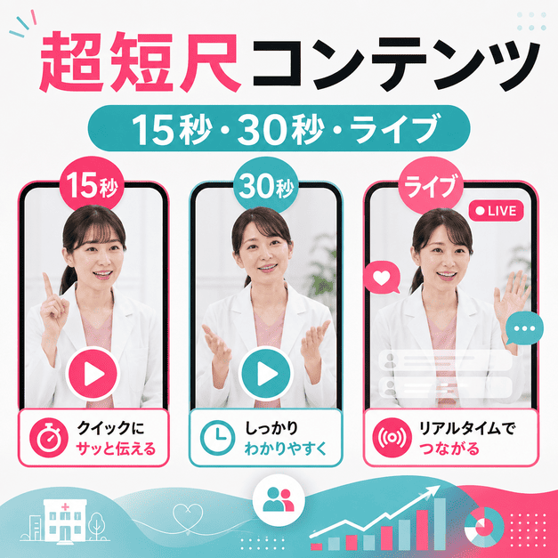 女性医師が15秒動画、30秒動画、ライブ配信で医療情報を伝える超短尺コンテンツのイメージ