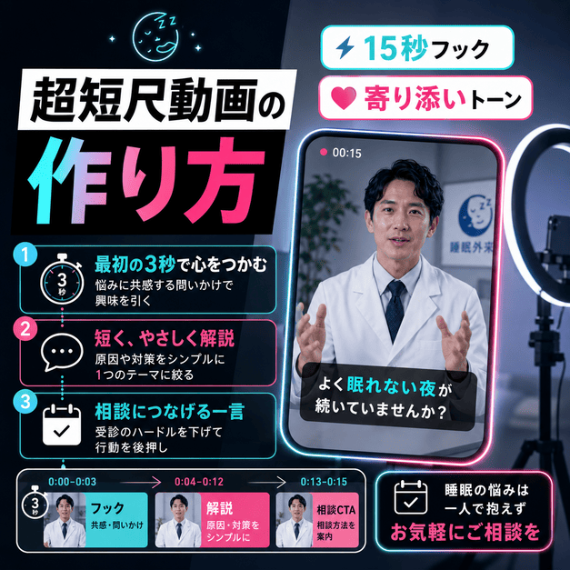 睡眠外来の院長が15秒動画でフックや寄り添いトーンを使って情報発信する様子を表したイラスト