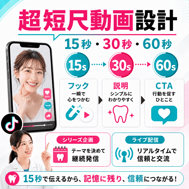 審美歯科のTikTok動画を15秒・30秒・60秒で設計し、短時間で伝わる構成を作るイメージ