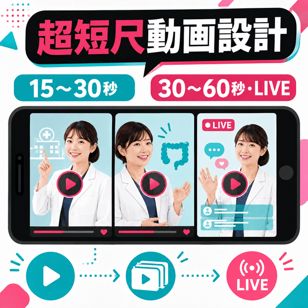 15秒から60秒の短尺動画やライブ配信を使い分ける肛門外科TikTok動画設計のイラスト