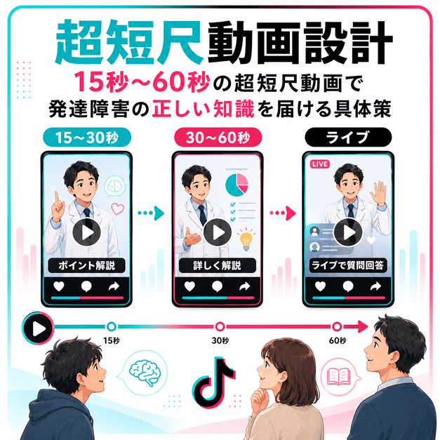 15秒から60秒の短尺動画で発達障害の正しい知識を届ける構成を表したイラスト