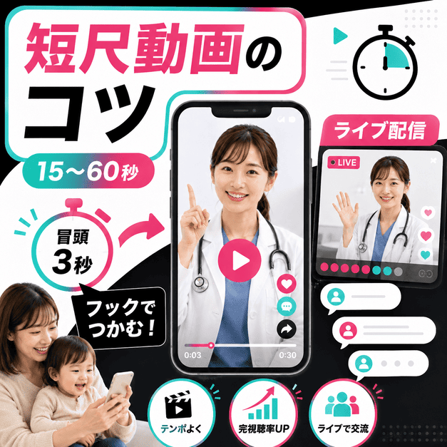 15〜60秒の短尺動画やライブ配信で完視聴率を高める制作ポイントを、動画フレームとタイマーで示したイラスト
