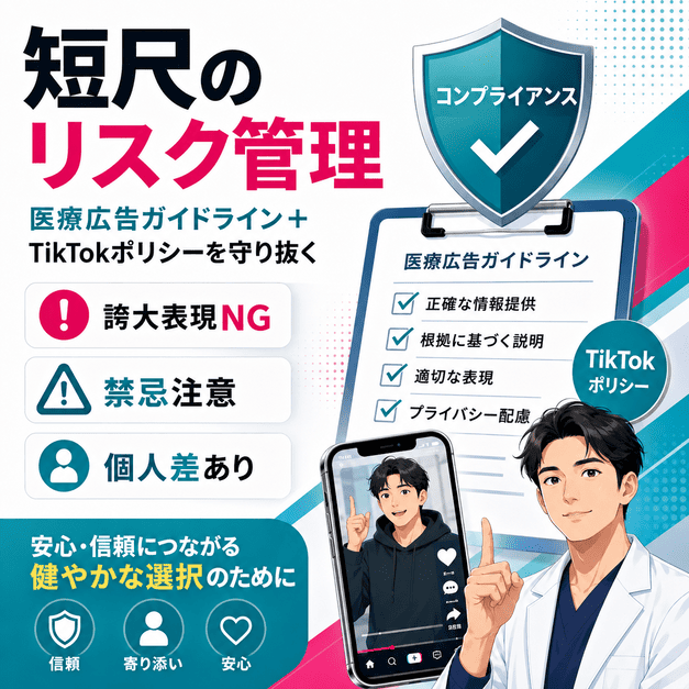 医療広告ガイドラインとTikTokポリシーを守り、短尺動画特有のリスクを管理する様子を示したイラスト