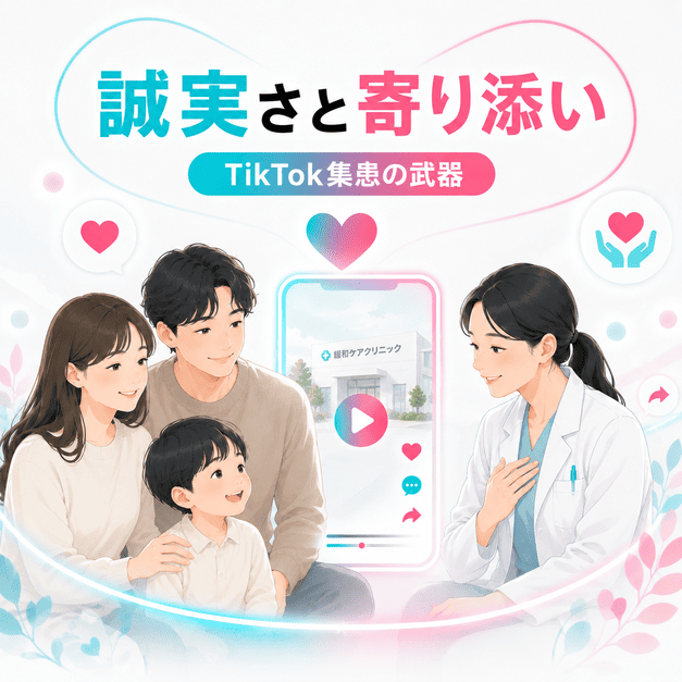 summary
緩和ケアクリニックのTikTok集患において誠実さと寄り添いが信頼形成につながることを表すイラスト