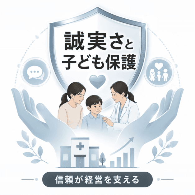 児童精神科のX集患で誠実な情報発信と子ども保護が信頼と経営を支えることを表したまとめイラスト