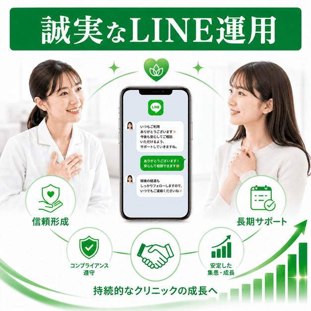 美容外科クリニックが誠実なLINE運用で信頼形成・長期サポート・安定した集患成長を目指すまとめのイメージ