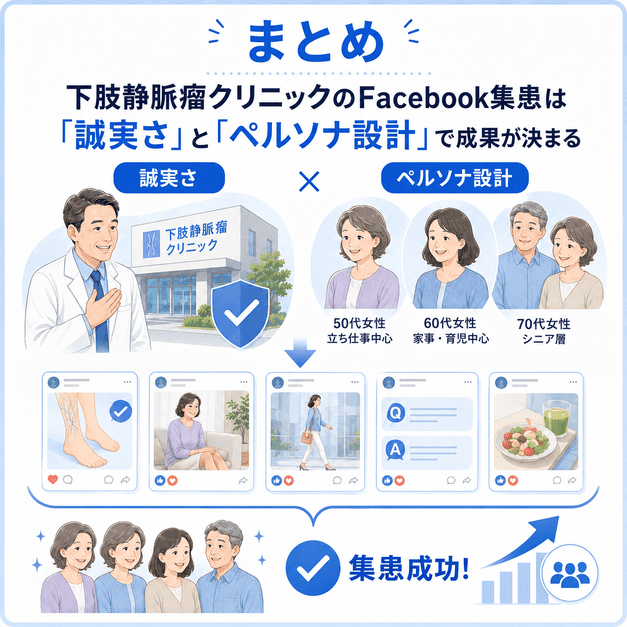下肢静脈瘤クリニックのFacebook集患が誠実な情報発信とペルソナ設計で成功することをまとめたイラスト