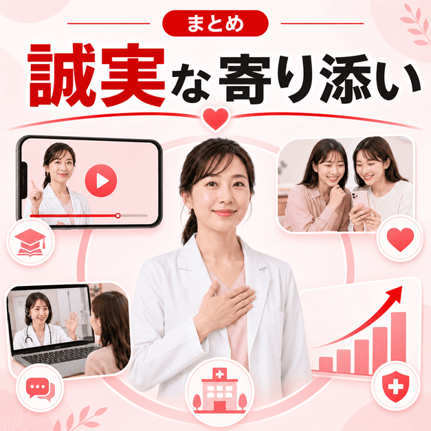 女性医師の誠実な寄り添いを軸に、YouTube動画・オンライン相談・患者支援を一体化するまとめイラスト