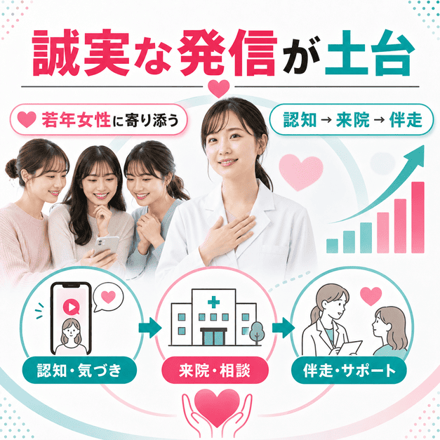 若年女性に寄り添う誠実なTikTok発信から来院、伴走支援へつながる流れを示したまとめイラスト