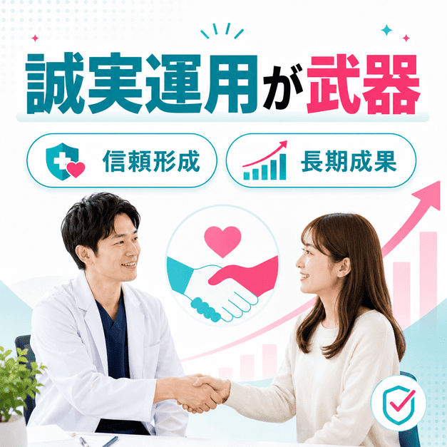 医師と患者の信頼関係を通じて、誠実なTikTok運用が長期成果につながることを表したイラスト