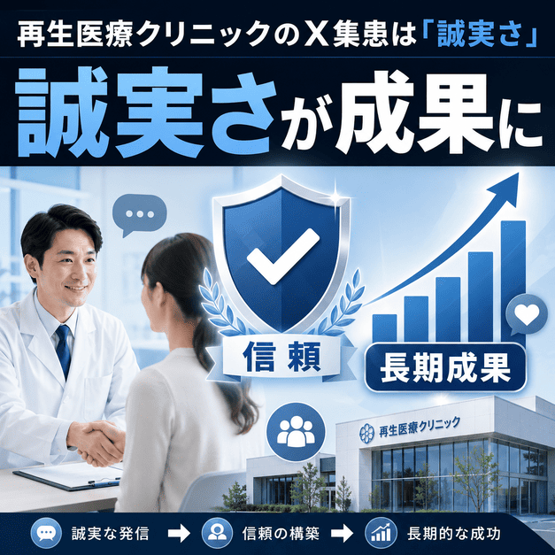 誠実なX発信が患者との信頼構築と再生医療クリニックの長期成果につながることを表すイラスト
