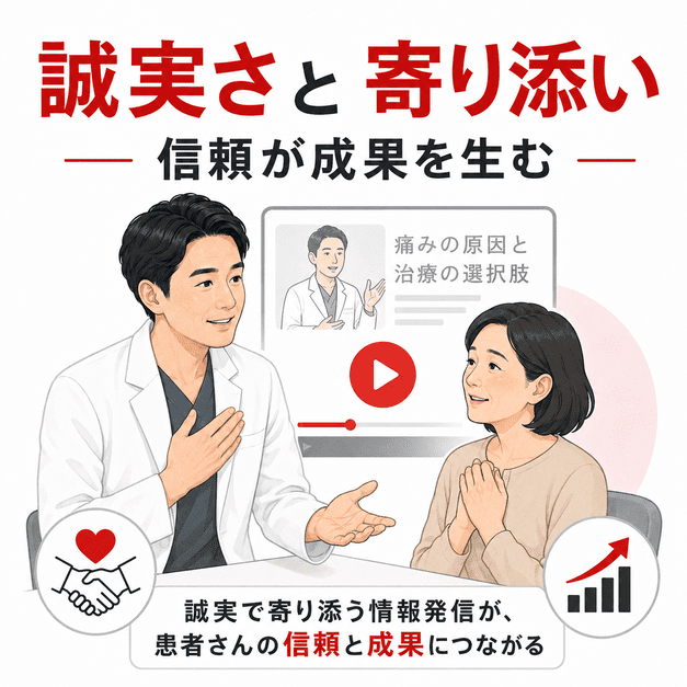 医師が慢性痛患者に誠実に寄り添い、信頼と成果につながる情報発信を行う様子