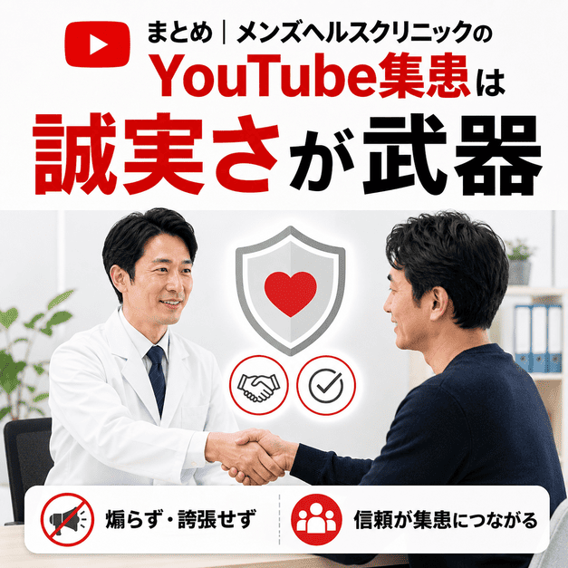 医師と男性患者が信頼関係を築き、誠実なYouTube集患が成果につながることを表したまとめ用イラスト