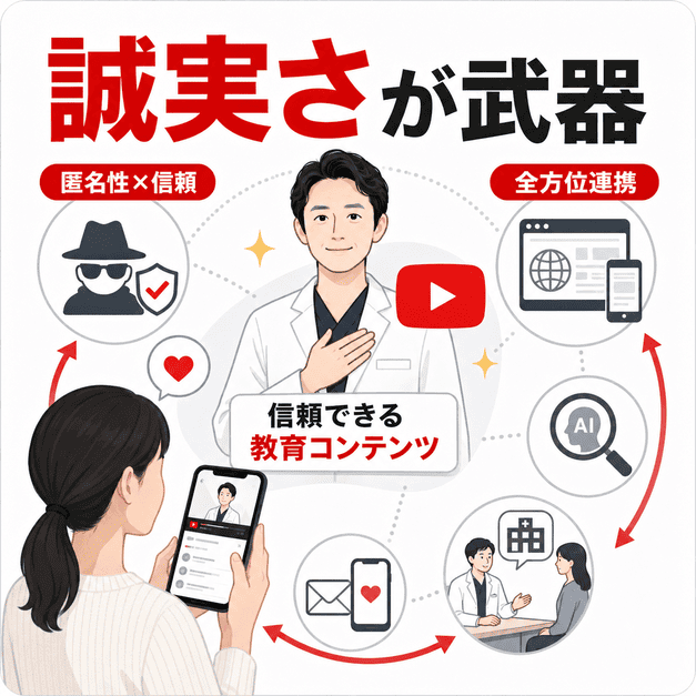誠実な医療情報発信を軸に、YouTube・Web・検索・相談導線を連携させる肛門外科クリニックの集患戦略を表したまとめイラスト