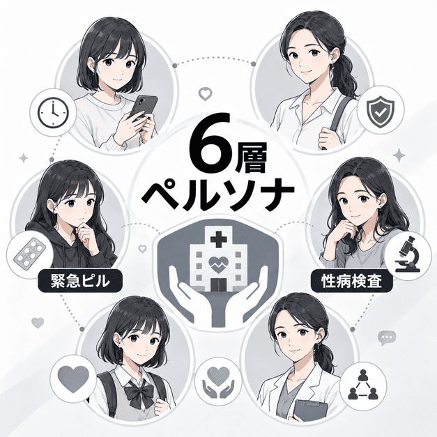 緊急ピルや性病検査を求める6層ペルソナを、複数の女性像とクリニックの支援体制で表したイラスト