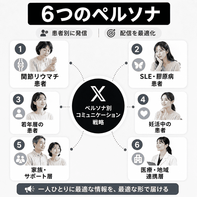 関節リウマチ患者やSLE患者など6つのペルソナに分けてX配信を最適化する図解