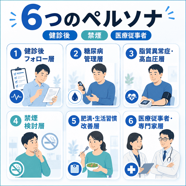 健診後フォロー層や禁煙検討層、医療従事者など6つのペルソナを分類したイラスト