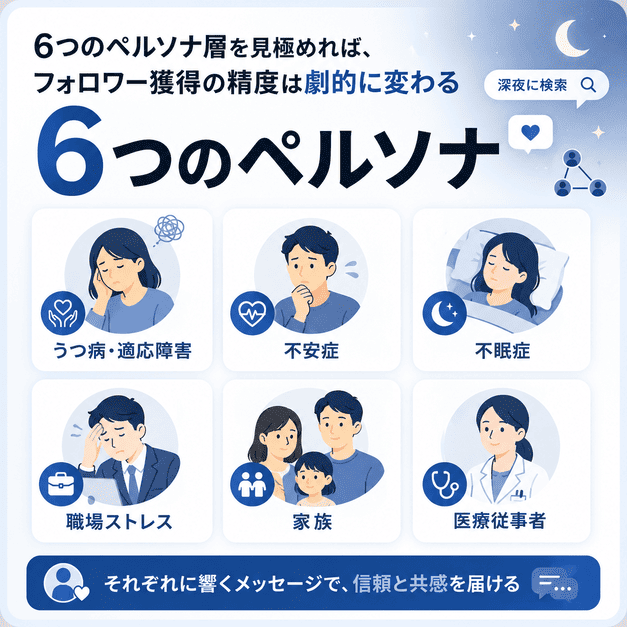 心療内科のX集患で想定するうつ病、不安症、不眠症、職場ストレス、家族、医療従事者の6つのペルソナを表したイラスト