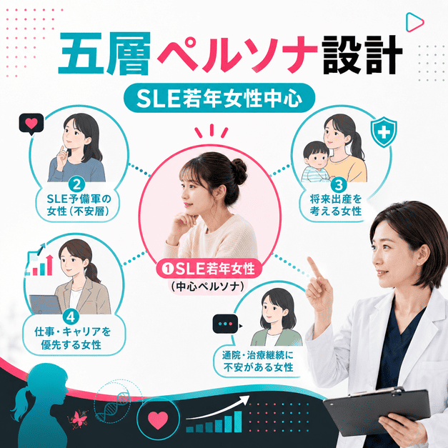 SLE若年女性を中心に五層の患者ペルソナを整理し、配信戦略を設計する様子を示すイラスト