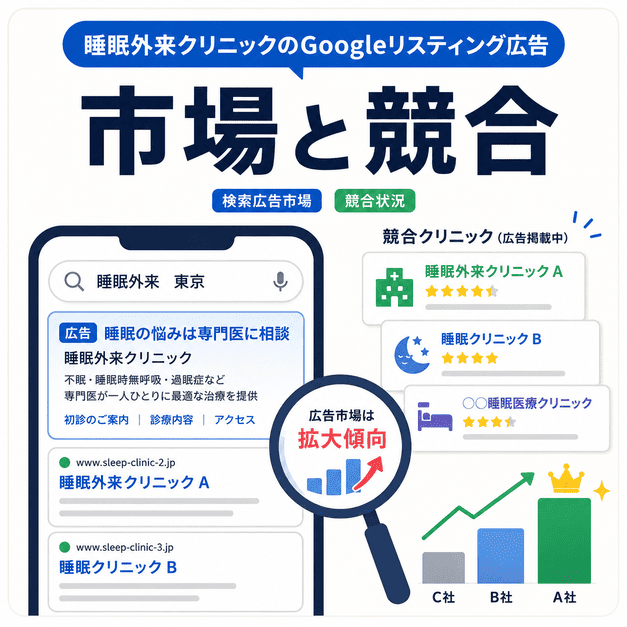 睡眠外来クリニックの検索広告市場と競合状況を、検索結果や競合クリニックの比較で示したイラスト